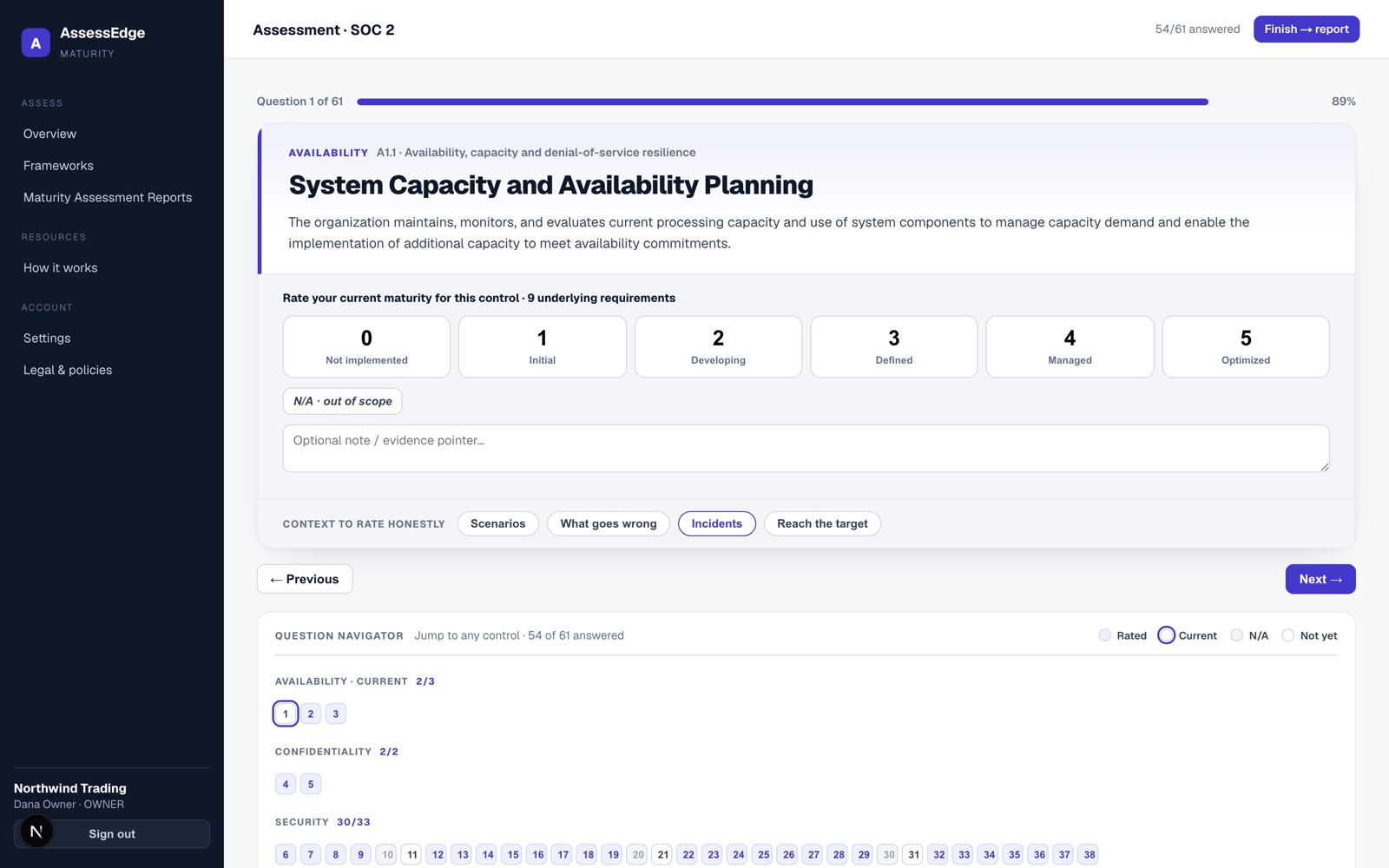 The assessment runner: one control with its requirement text, a nought to five maturity selector, an optional note, and tabs for scenarios, what goes wrong, incidents and how to reach the target.