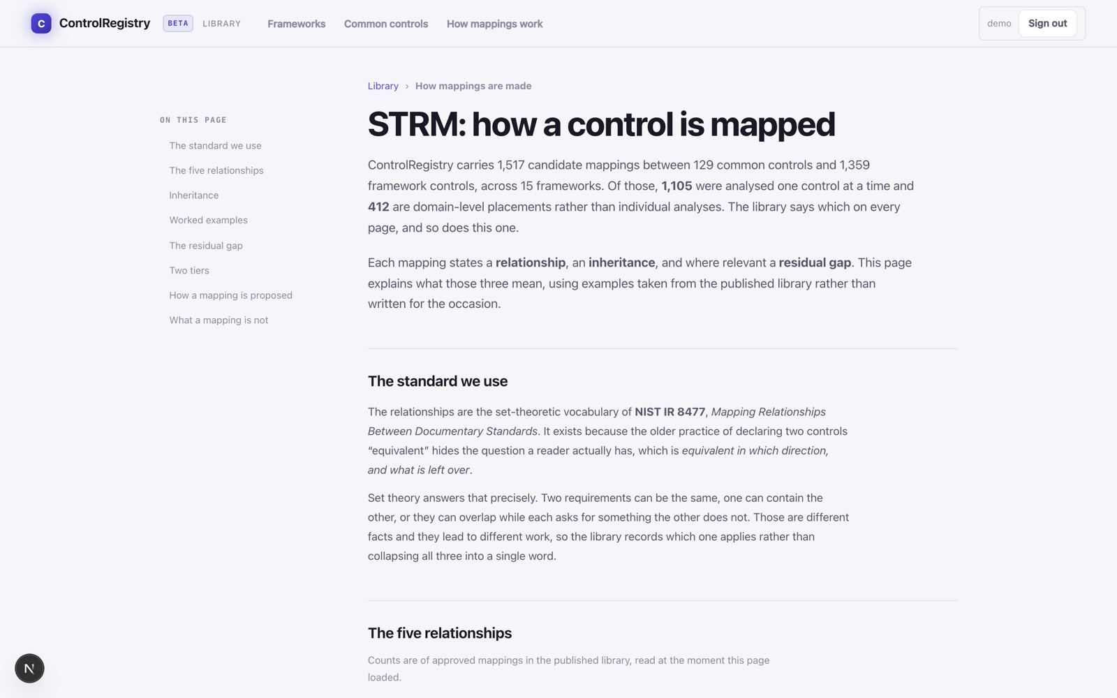 The STRM page: 1,517 candidate mappings between 129 common controls and 1,359 framework controls across 15 frameworks, with 1,105 analysed one control at a time and 412 placed at domain level, using the NIST IR 8477 relationship vocabulary.
